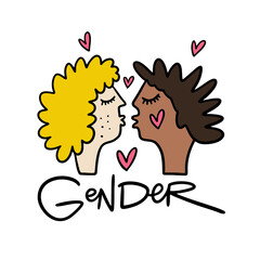 An illustration featuring the faces of a white girl and an African American girl kissing, with the word 'Gender' in black. Symbolizing love and diversity.