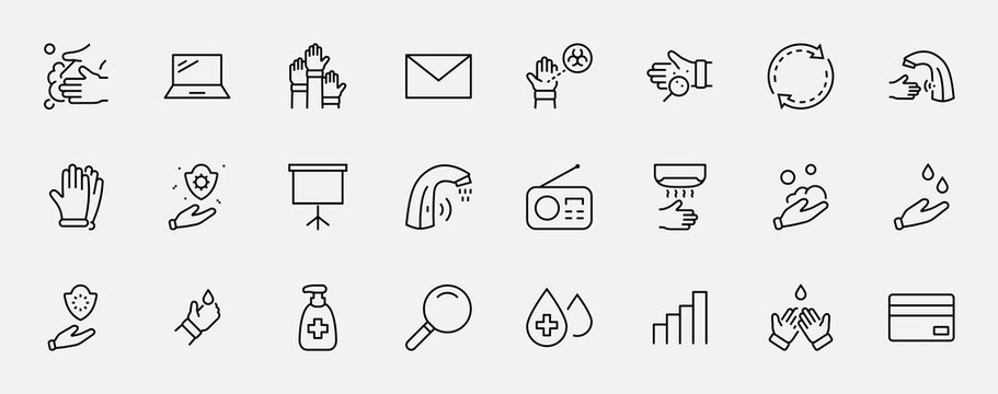 Set of Washing Hands Vector Line Icons. Contains such Icons as Coronavirus, Contactless Water Tap, Antiseptic, Washing Instruction, Hand Dryer, Soap and more. Editable Stroke. 32x32 Pixels.