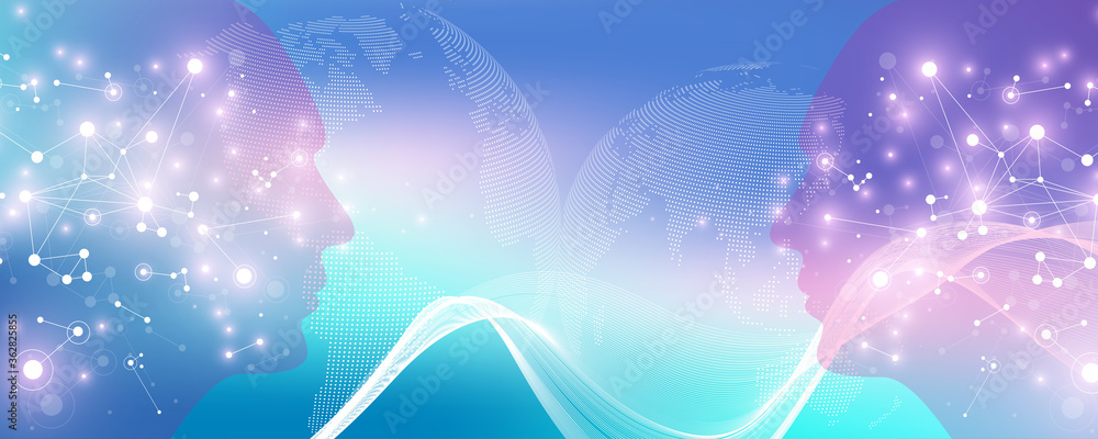 Aufkleber Artificial Intelligence and Machine Learning Vector Concept in Neural Network. AI Web Banner Design with Human Face. Wave Flow Communication. Digital Network for Artificial Intelligence Deep Learning.