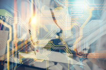 Multi exposure of hands making notes with world map hologram and data theme icons. Concept of global data.