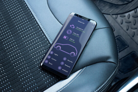 Car Status Information On The Mobile App. Flat App Design Concept. Phone Placed On The Car Seat