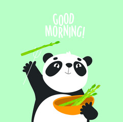 Vector illustration of a panda eating. Cartoon panda. Panda eats asparagus. Asparagus.
