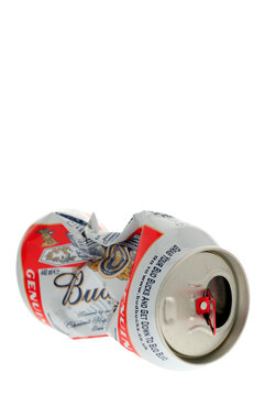 London, England - January 11, 2008:  Crushed Can of Budweiser Beer, an American lager first introduced in 1876
