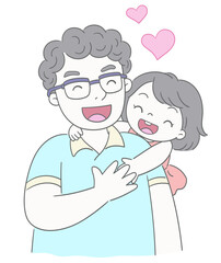 A little girl hugs her father from behind, the two smile happily, with a loving pattern in the background