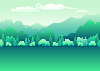Hills and mountains landscape in flat style design. Beautiful field with grass, meadow and sky. Rural location in the forest, trees. Cartoon illustration vector background, green pastel colors