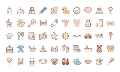 baby feeding toys and clothes, welcome newborn icons set line and fill design