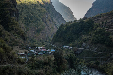 Fototapeta na wymiar Nepalese mountain village by the Marshyangdi river, Annapurna circuit, Nepal