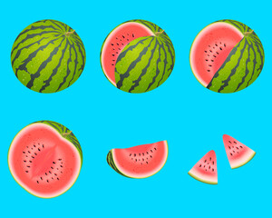 Bright vector set of colorful half, slice and whole of juice watermelon. Fresh cartoon berry isolated on blue background.