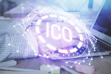 Blockchain theme hud with businessman working on computer on background. Concept of crypto chain....