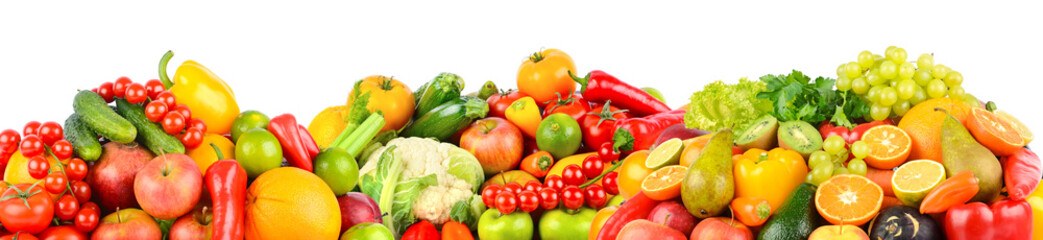 Panoramic photo fruits and vegetables isolated on white background.