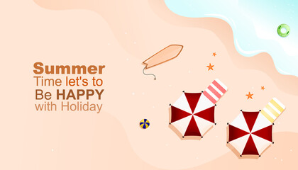 Summer time illustration vector, relevant to poster, banner etc, EPS layer include, umberella, sea water, tire buoy, mat, text, volley ball, fish star, and sands background