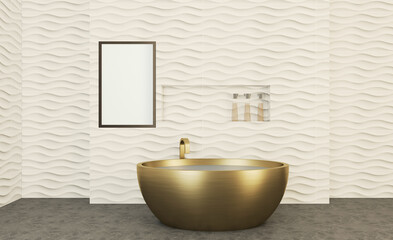 Fototapeta na wymiar White wavy tiles on the walls. Bathroom in bright colors. Bronze bath and washbasin.. 3D rendering,. Blank paintings. Mockup.