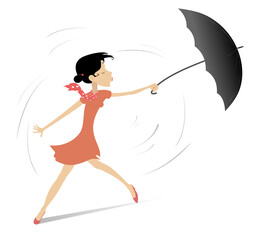 Windy and rainy day and woman with umbrella illustration. Pretty young woman holds an umbrella isolated on white
