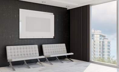 Reception in the business center. large windows with city views. armchairs for visitors.. 3D rendering. Mockup.   Empty paintings