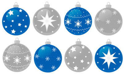 Set of Christmas decorations blue and gray balls white snowflakes stars vector illustration