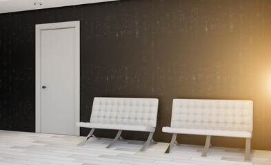 doctor's office. large windows in a hospital with city views. armchairs for visitors.. 3D rendering. Sunset