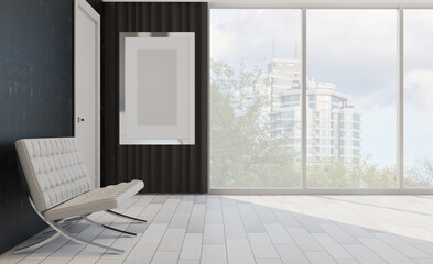 hotel lobby. large windows with city views. armchairs for visitors. 3D rendering. Mockup.   Empty paintings