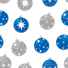 Seamless pattern Christmas decorations blue and gray balls white snowflakes stars vector illustration
