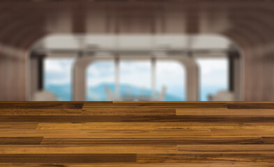 Obraz na płótnie Canvas blurred interior on a wooden table background.big business lounge. Reception of the director. place of work of employees, wood panels. more windows.. 3D rendering.