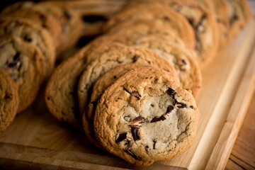 Chocolate chip cookies. Homemade, traditional classic american dessert favorite. Chocolate chip cookies. Bakery or pastry shop favorite. Made with sugar, butter and chocolate. 