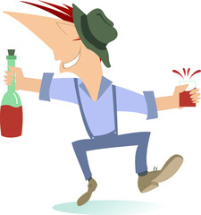 Smiling young man holds a bottle and glass with alcohol illustration. Funny happy man in the hat holds a bottle and glass with alcohol isolated on white
