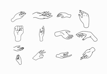 hand drawn hand icons in simple minimalistic line art style. logo elements illustrations for graphic design, logos and branding, social media icons. hand poses, pointing, holding, reaching, grasping.
