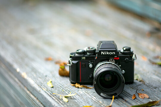 London, England - September 16, 2017: Nikon F3 single lens reflex 35mm professional film camera, First launched in 1980 and remained in production until 2001.