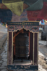 Buddhist prayer wheels and flags, Upper Pisang, Annapurna circuit, Nepal