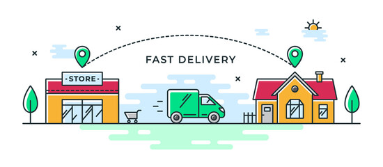 Fast delivery from store to home. Vector color illustration with shop, delivery van and house. Web banner or flyer concept. Pictogram of cargo van.