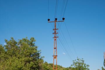 Obraz premium Electric power transmission lines over trees