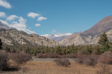 Mountains trekking Annapurna circuit, Marshyangdi river valley, Nepal