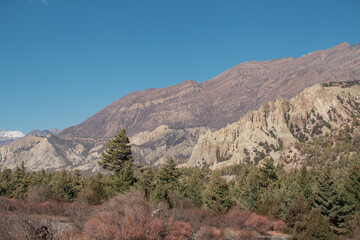 Mountains trekking Annapurna circuit, Marshyangdi river valley, Nepal