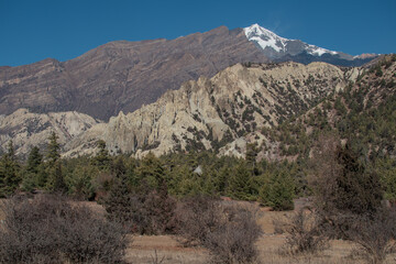 Mountains trekking Annapurna circuit, Marshyangdi river valley, Nepal