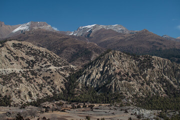 Mountains trekking Annapurna circuit, Marshyangdi river valley, Nepal