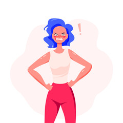 Young angry lady cartoon character standing isolated on white background. Negative emotion, anger, rage, stress, depression, frustration concept. Vector flat illustration.