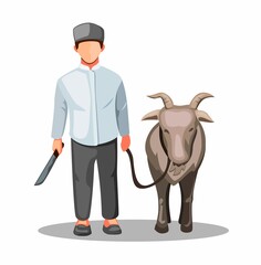 Qurban idul adha. muslim man with goat sacrifice for tradition in eid mubarak in cartoon illustration vector on white background