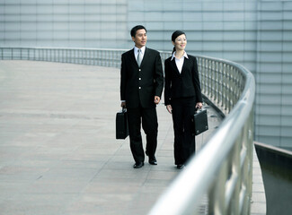 Businessman and businesswoman with briefcase walking together