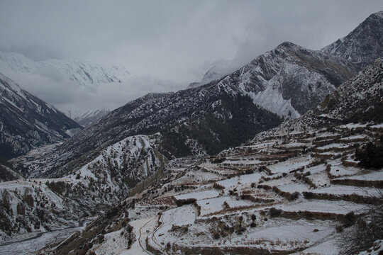 Snowy himalayan mountains by Ledar village, Annapurna circuit, Nepal