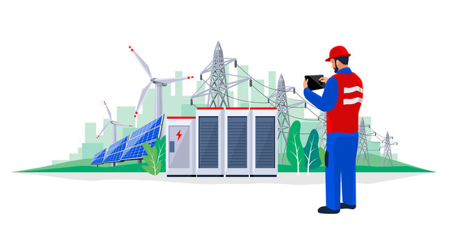 Isolated Electrician technician engineer diagnostics electricity power supply grid transmission. Person inspection production facility. Renewable solar panel wind energy plant with battery storage. 