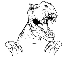 Illustration of a peeking tyrannosaurus. Portrait of a predatory dinosaur with open mouth. Vector illustration of a prehistoric creature on a white background.