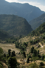 View over huts and terraced rice fields, Annapurna circuit, Nepal