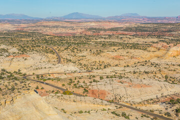 Aerial shot of a road through the Grand Staircase National Monument, in Utah.
