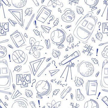 Seamless pattern with school elements and supplies. Background of school doodles. Hand drawn vector illustration.  Print for textile, banner, wallpaper.