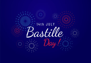 Bastille day greeting banner design with text and fireworks illustration on blue dark background. 14th of July. - Vector