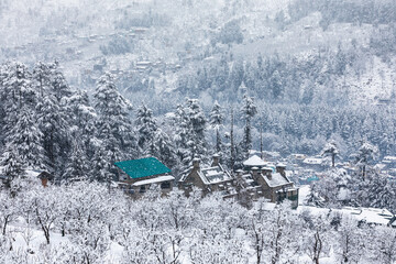 Snowfall in winter Manali in Himachal Pradesh, India