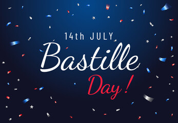 Bastille Day greeting banner design template with confetti on dark background. July 14, National Day of France. - Vector