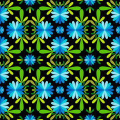 Seamless background with decorative flowers. Colorful Mexican traditional textile embroidery. Ethnic boho ornament. Vector illustration for web design or print.