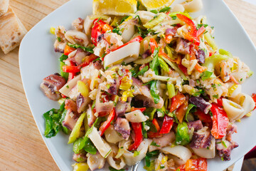 Seafood salad. Classic Italian or Greek restaurant appetizer favorite. Cold seafood salad made with fresh organic shrimp, octopus, squid mixed with red bell peppers garlic and onions.