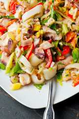 Seafood salad. Classic Italian or Greek restaurant appetizer favorite. Cold seafood salad made with fresh organic shrimp, octopus, squid mixed with red bell peppers garlic and onions.