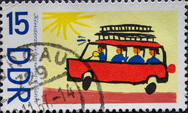 GERMANY, DDR - CIRCA 1967: a postage stamp from Germany, GDR showing children's drawings: fire Department